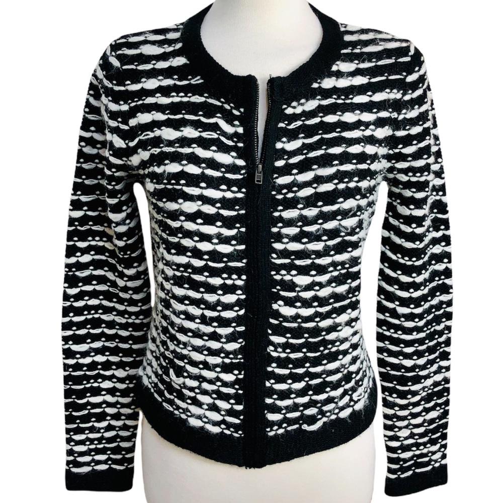 Kenar Women’s Medium Black and White Printed Zipper Front Cardigan Wool Sweater